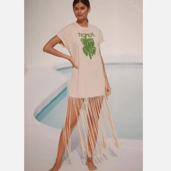 Farm Rio x Anthropologie Short-Sleeve Maxi Dress Fringe T-shirt Bananas L NWT - Picture 4 of 6